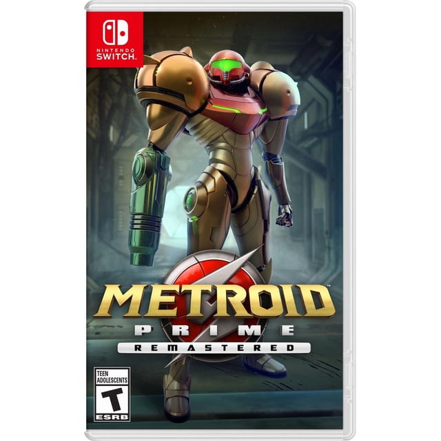 Metroid PrimeTM Remastered (Nintendo Switch) Couverture de Jeu Mettant en Vedette Samus Aran en Armure Propulsée Or et Rouge avec Visière Verte et Canon de Bras, Debout dans un Couloir de Science-Fiction, Représentant l'Aventure à la Première Personne Remasterisée avec des Graphiques et un Son Améliorés.