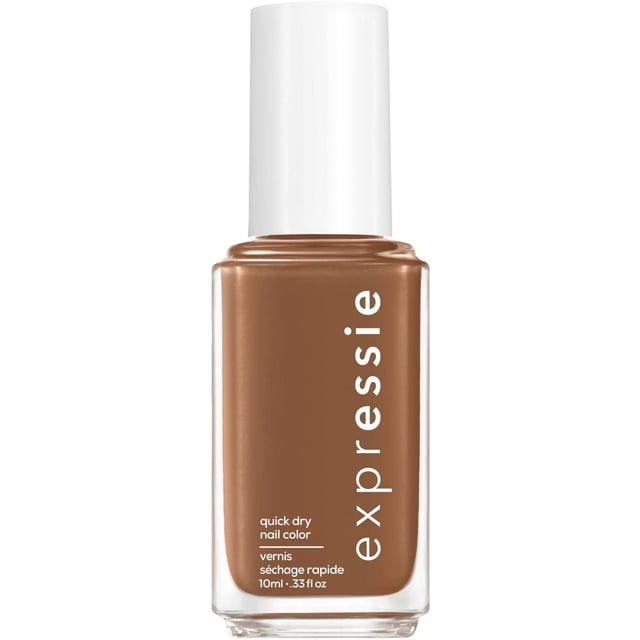 essie expessie quick-dry nail polish in a clear rectangular glass bottle with a white cap, displaying a warm brown shade. This quick dry nail color dries in about a minute and features a patented angled brush for easy application, ideal for fast, on-the-go nail care.