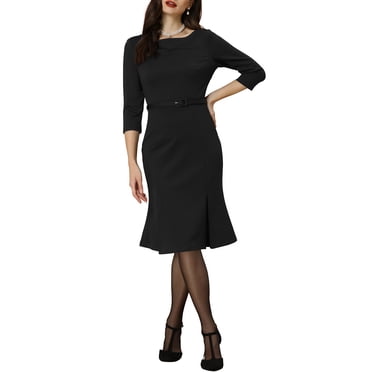 INSPIRE CHIC Women's Dress Boat Neck Half Sleeve Pleated Work Elegant Midi Dress 3XL Black