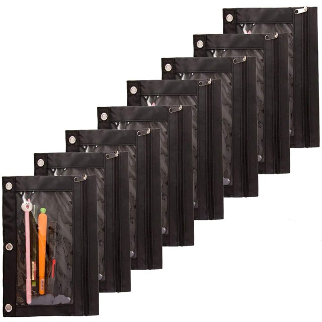 Binder Fabric Pencil Pouch 3 Rings with Clear Window for School Classroom Organizers 8 Pack (Black)