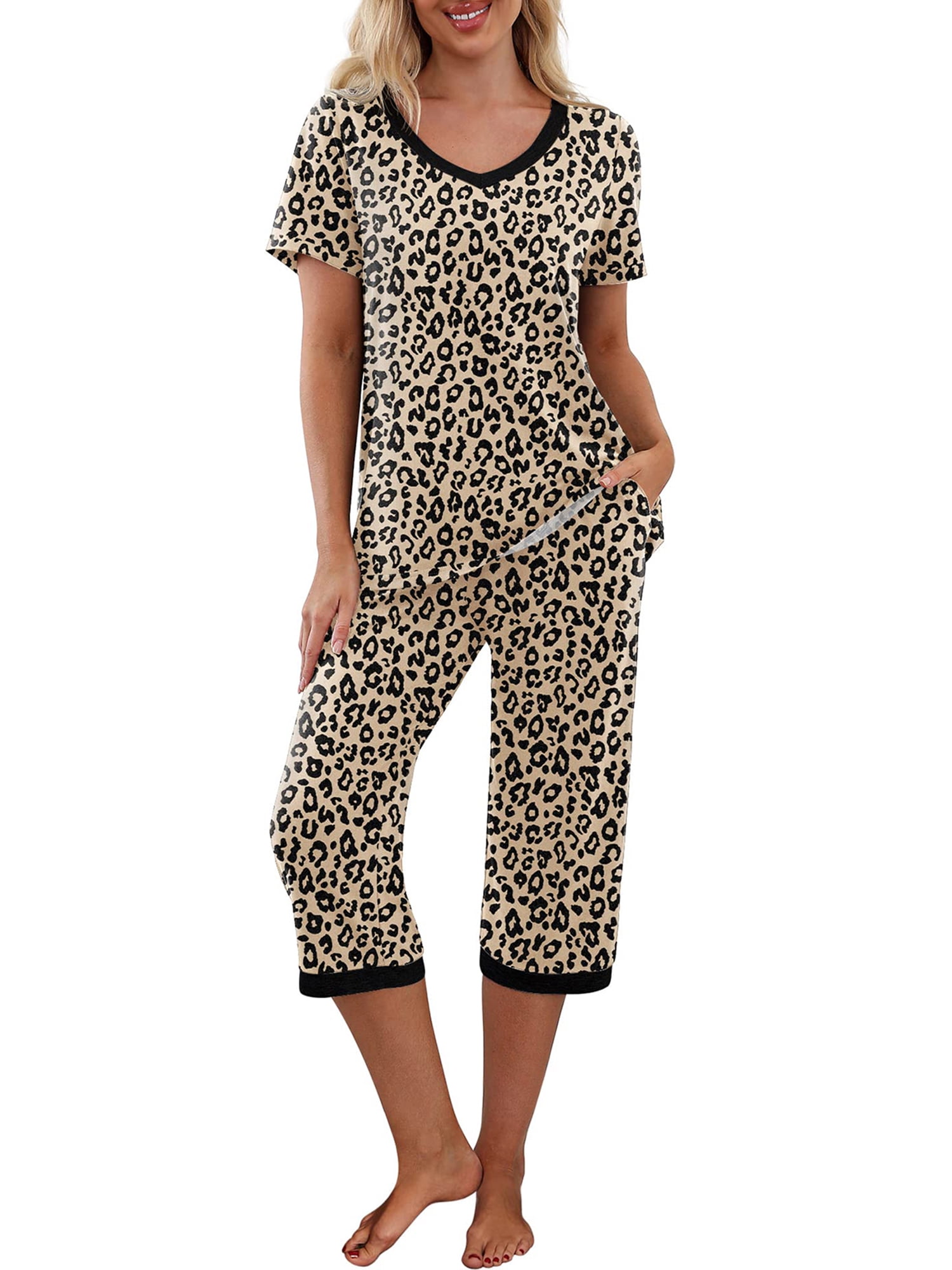 Gupgi Ensemble de Pyjama d'Été pour Femmes à la Maison, T-Shirts à Manches Courtes à Col en V et Pantalons Capri