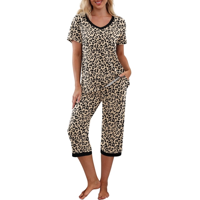 Gupgi Ensemble de Pyjama d'Été pour Femmes à la Maison, T-Shirts à Manches Courtes à Col en V et Pantalons Capri