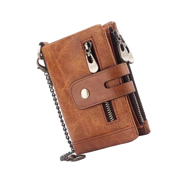 Xingzhi men's wallet made of cowhide leather in a brown finish, featuring a bifold design with RFID blocking technology. The wallet includes two large cash pockets, 14 credit card slots, one ID window, three zip coin purses, and two parallel zippers with a snap closure. It also has a removable chain for added security. Compact size of approximately 90x115x25mm (3.54x4.53x0.98 inches).