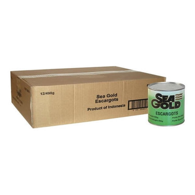 Escargots de Fruits de Mer Seagold 96-104 Ct. 800 G/1,76 Lb (12/caisse) Conserve Métallique d'Escargots en Conserve à l'Avant; Contient Env. 96–104 Escargots Cuits par Conserve de 800 g (Poids net min. 800 g, Poids Égoutté min. 465 g), Coquilles Brun Foncé à Noires et texture d'Escargots Traités Typique, Illustrée sur Fond Blanc. Convient comme hors-D'œuvre