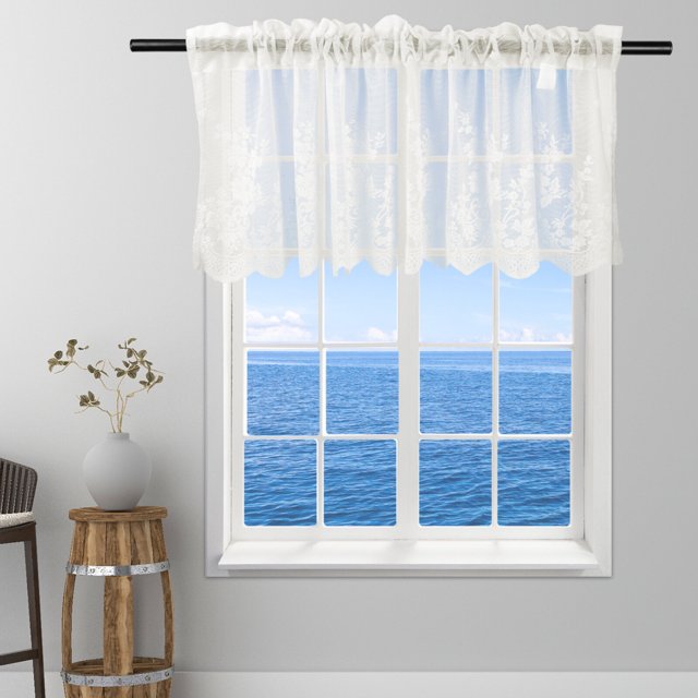 Cafe kitchen window treatment Semi transparent voile curtains Ruffle window drape valance Lace voile curtains Window drape valance