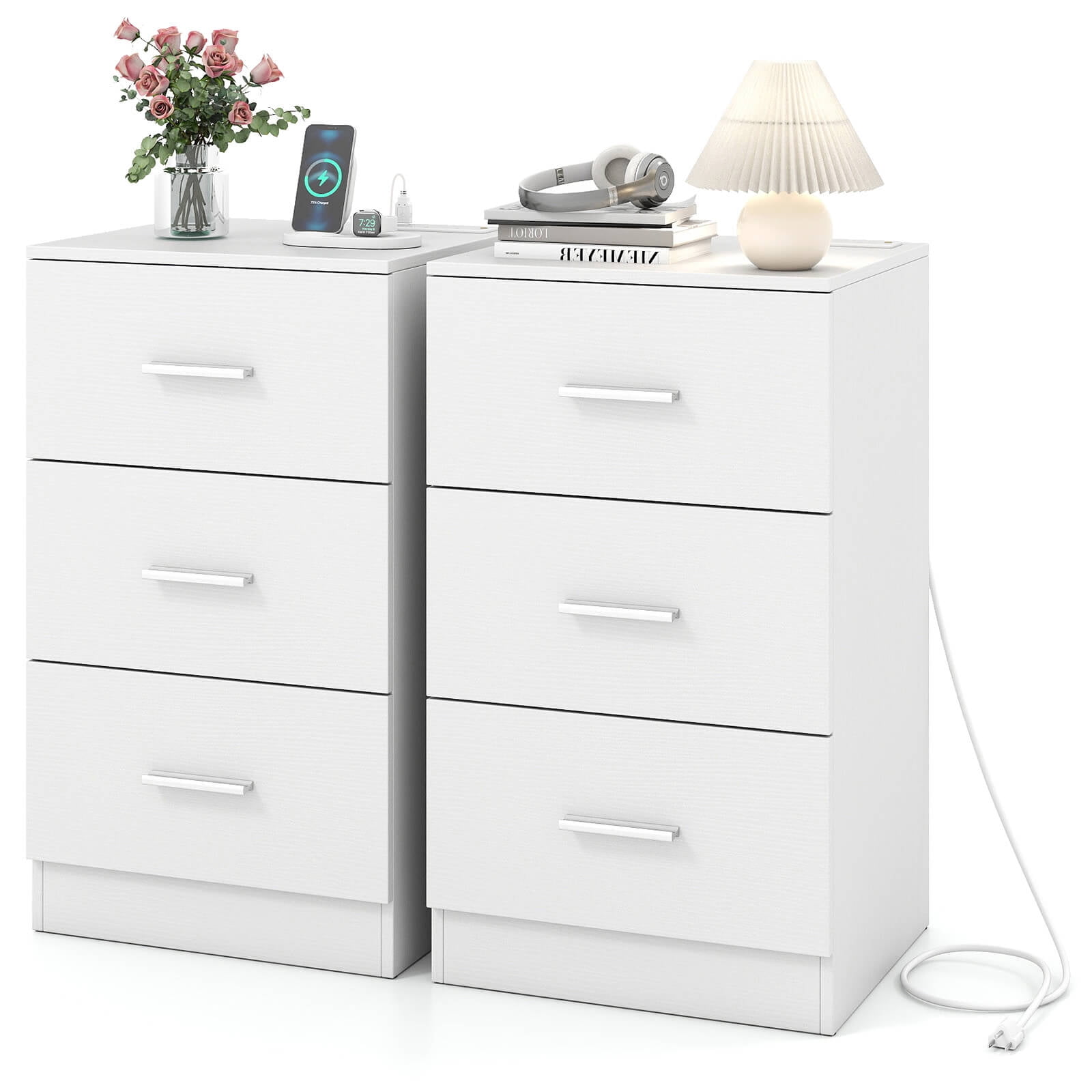 Costway 2 PCS Nightstand with Charging Station, 3 Storage Drawers, Bedside Table for Bedroom White