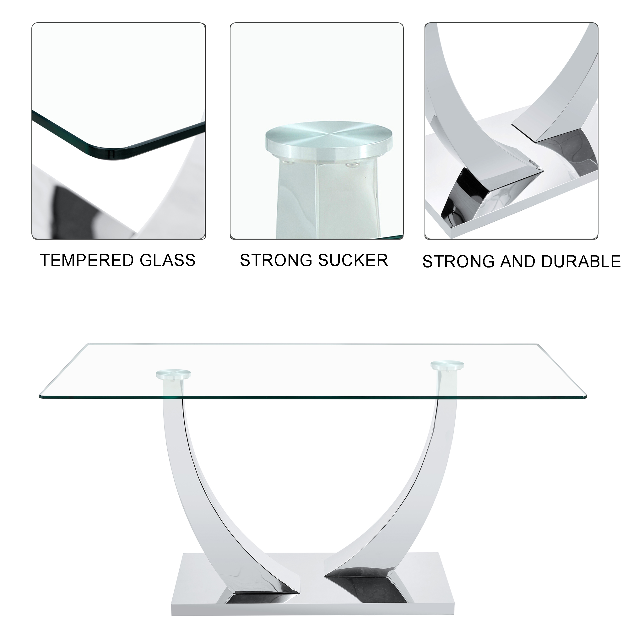 Table de salle à manger rectangulaire moderne Noble House 160 cm, plateau en verre trempé 1 cm d'épaisseur, argent