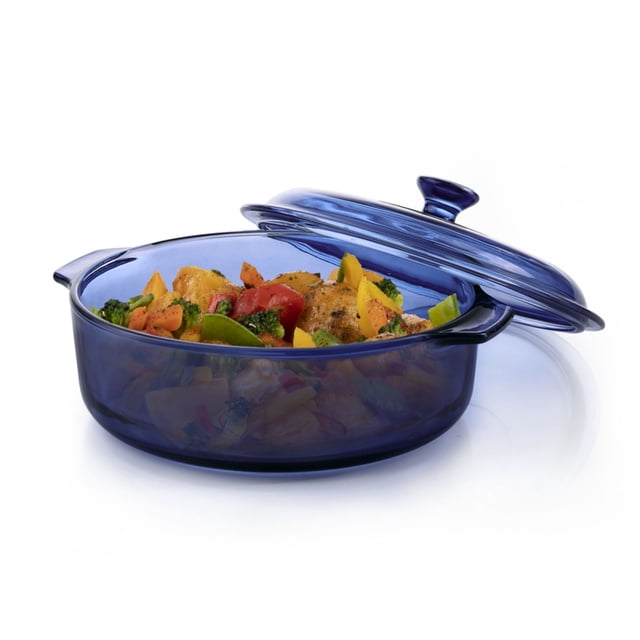 Baker's Basics 3.2qt Cass,Blue a centered, front-facing blue 3.2‑quart glass casserole baking dish with matching lid and integrated glass handles, colored glass visible for oven-to-table serving; also often used for storing leftovers.