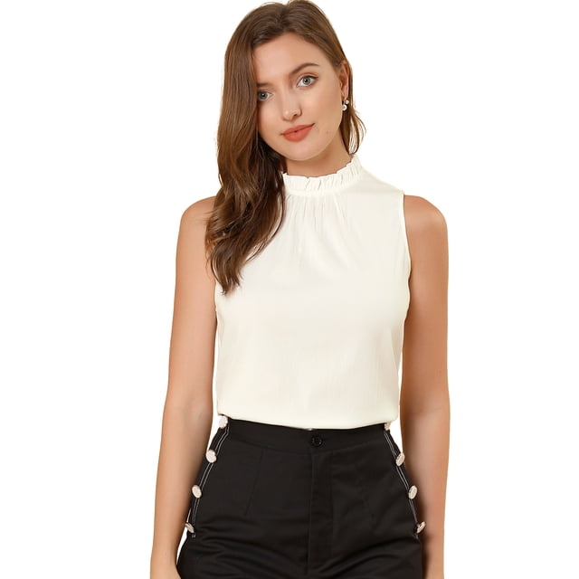 INSPIRE CHIC Women's Mock Neck Ruffle Sleeveless Casual Blouse Tops
