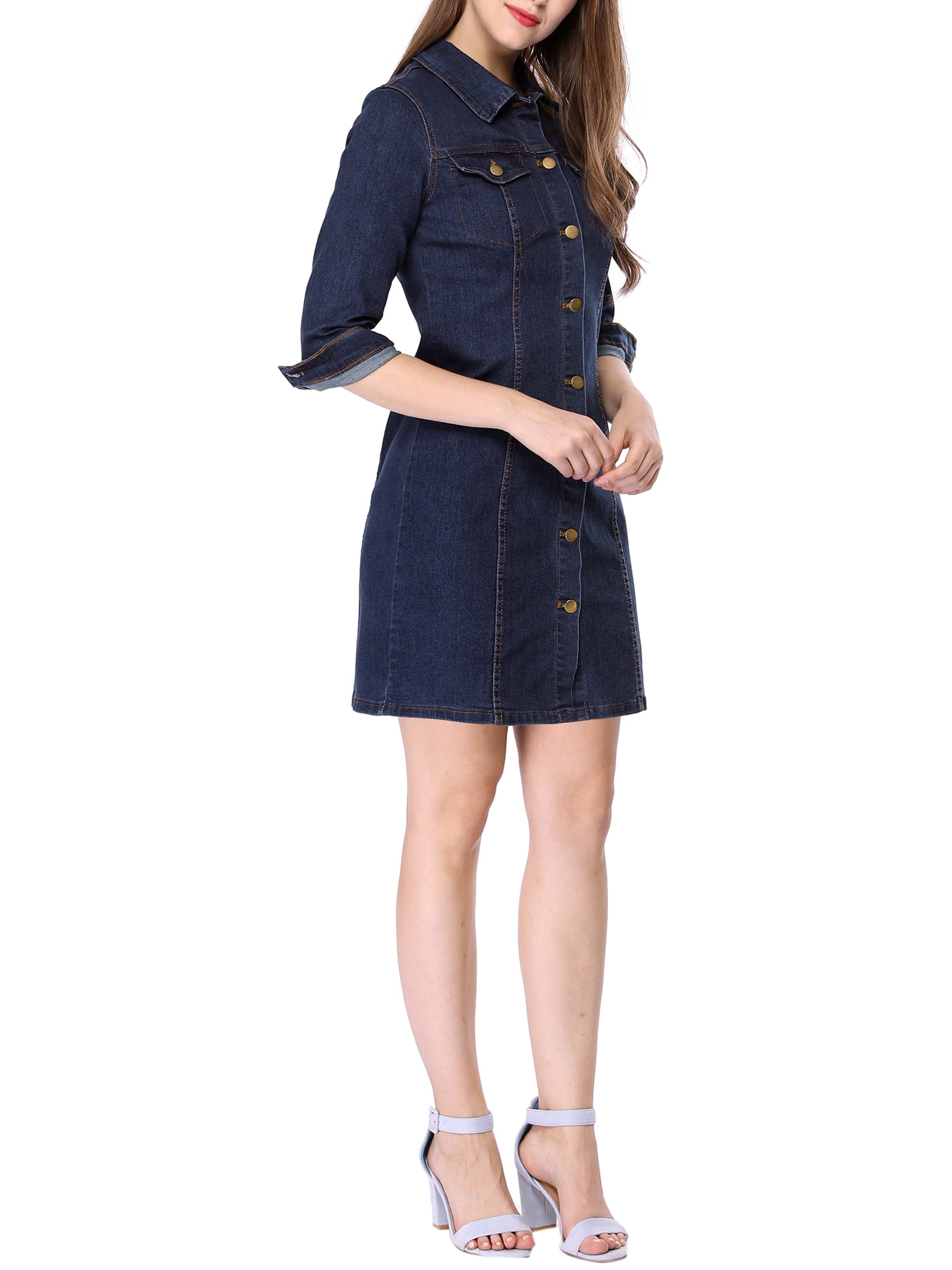 INSPIRE CHIC Robe en Denim pour Femme Manches 3/4 Boutonnée Mini Robe Chemise en Jean 3TG Bleu