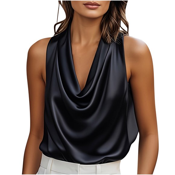 Women's Satin Cowl Neck Blouse Sexy Sleeveless Top with Draped Silhouette in Solid Color for Dressy Evening Party Wear