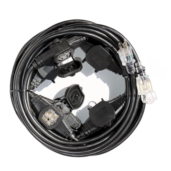 50FT 12 Gauge SJTW Power Extension Cord 3 Prong, 5-15R Male Plug to Female Connector, 6 Outlet, Multiple Evenly-Spaced Plug, Suitable for Stage Setti