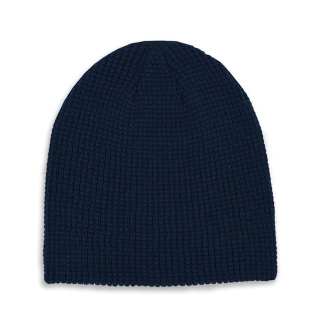 Tuque pour Garçons avec Surpiqûre Gaufrée 8-16 Ans en Bleu Marine, Coupe Plate Montrant une Maille Gaufrée Texturée, Tissu Tricoté Fait de 50 % polyester Recyclé et 50 % Acrylique, Conçu pour la Chaleur et le Confort en Hiver, Convient aux Garçons de 8 à 16 Ans.