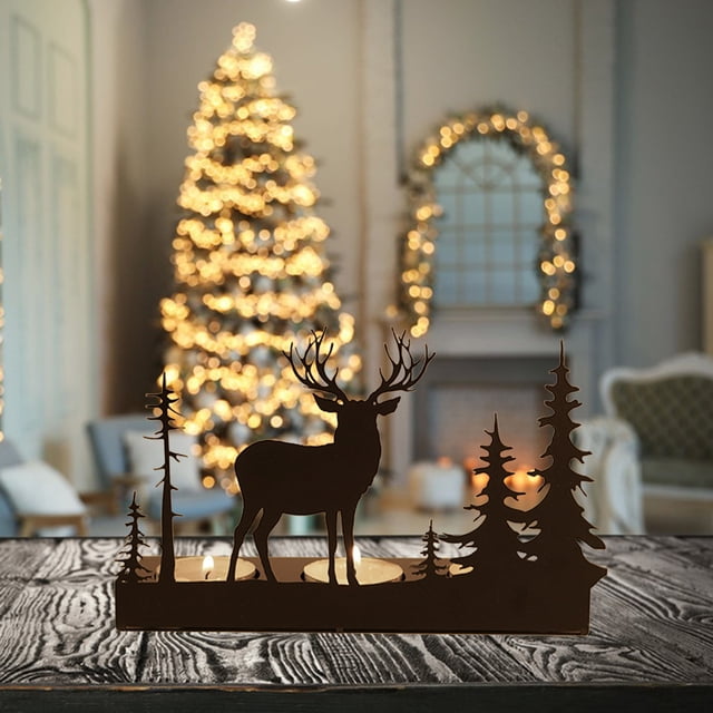 ZZkhGO Metal Iron Reindeer Candlestick, Christmas Tree Tabletop Decor, Illuminating Candle Holder for Home Fireplace