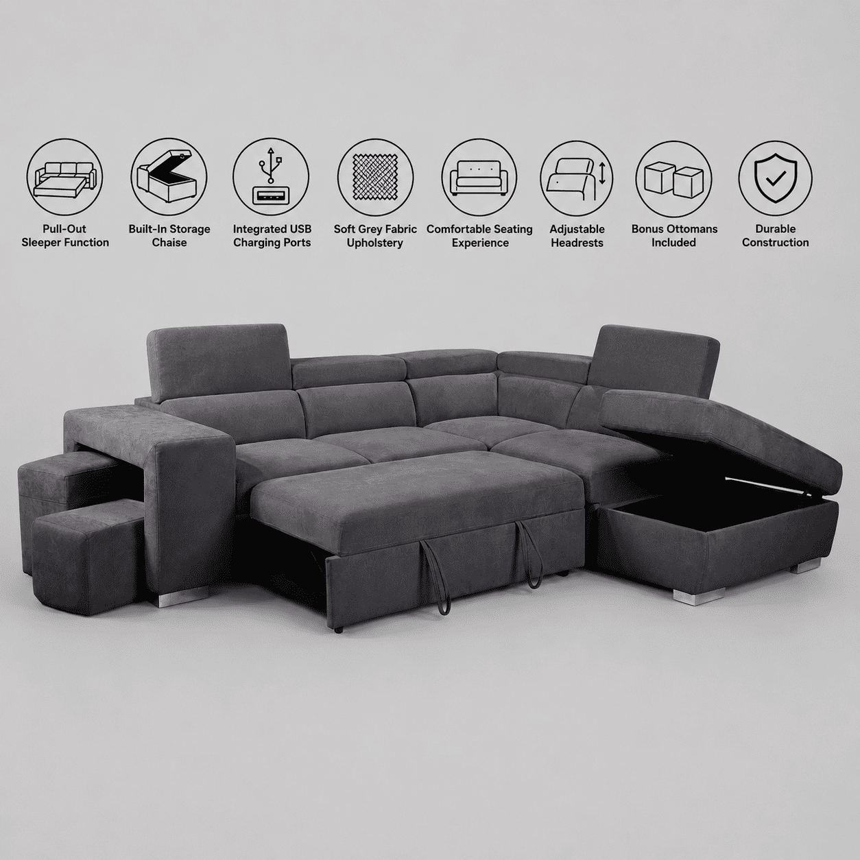 Cosmic Homes Vibe Grey Sectional Sofa Bed with USB Ports, Storage Chaise, Pull Out Sleeper & Ottomans – Convertible Sofa Bed for Living Room