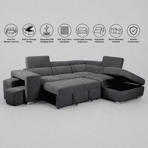 Cosmic Homes Vibe Lit de canapé sectionnel gris avec USB Ports, entreposage de la chaise, tirer le sommeil & Les Ottomans – Canapé-lit convertible pour salon