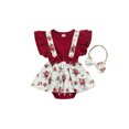 thumbnail image 1 of Xingqing Barboteuse Fleurie pour Bébés Filles, Robe Tutu, Justaucorps à Manches à Volants, Combinaison avec Bandeau, Tenues, Rouge Vin, 9-12 Mois, 1 of 8