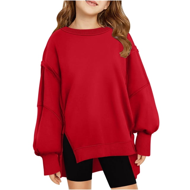 Penkiiy Chandail Molletonné Surdimensionné pour Filles à Manches Longues, Col Ras du Cou, Léger et Mignon, Chandail à Enfiler, Hauts pour Filles Moyennes et Grandes, Chandail Molletonné Surdimensionné à Col Ras du Cou pour 5-14 Ans, Rouge