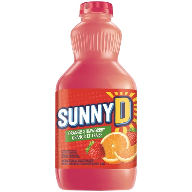 Sunny D Orange Strawberry 1.89 L juice bottle with red cap and label featuring orange slices and strawberries, a fruit juice blend providing 100% daily vitamin C and added vitamin B, with no artificial flavours, suitable for a refreshing citrus punch.