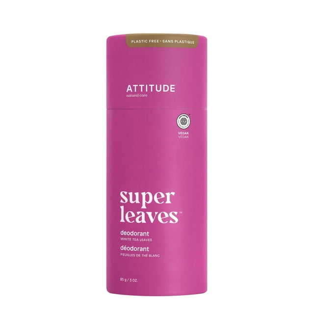 ATTITUDE super leaves plastic free deodorant stick in white tea leaves scent, 85 g solid deodorant in a magenta biodegradable cardboard container with white text and vegan certification, formulated for natural odor control and skin softness.