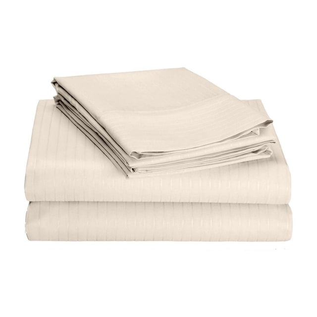 Johnson Home 600 Thread Count Cotton Tuxedo Sheet Sets in beige, folded with a subtle vertical stripe pattern, made from breathable Egyptian cotton fabric for durability and comfort in bedding.