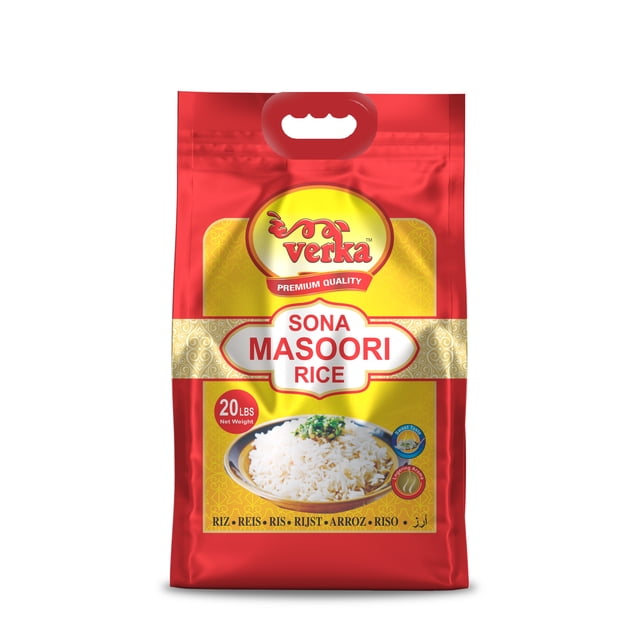 Verka Riz Sona Masoori, 20 Lb, Emballé dans un Sac Rouge avec une Étiquette Jaune et Blanche Présentant le logo Verka et le Nom du Produit. le Sac Met en Valeur un Bol de Riz Blanc Cuit Garni d'Herbes, Mettant en Valeur Ses Qualités de Grain Moyen, Léger, Aromatique et Non Collant. Connu pour Son Faible Indice Glycémique et Sa Polyvalence, Idéal pour des Plats comme le pulao, le biryani et le Riz Cuit à la Vapeur.