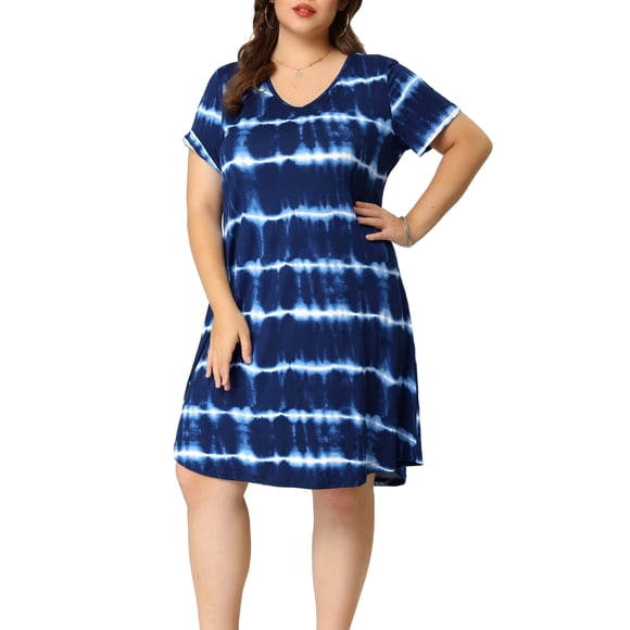 GRACE & GRANDEUR Women's Plus Size Dress Tie Dye Stripe Midi Summer T-shirt Dresses 2X Dark Blue