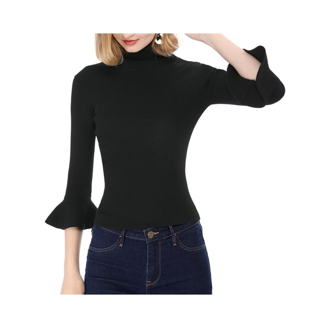 INSPIRE CHIC Pull à col roulé pour femmes à manches 3/4 avec volants, coupe slim en tricot côtelé, noir