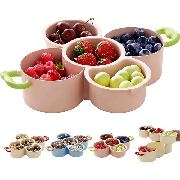 2-Tier Divided Serving Platter with Handle, Stackable Multifunctional Fruit Vegetable Tray with Drain Basket, Double Layer Compartment Snack Dish for Home, Kitchen, Party (Pink)