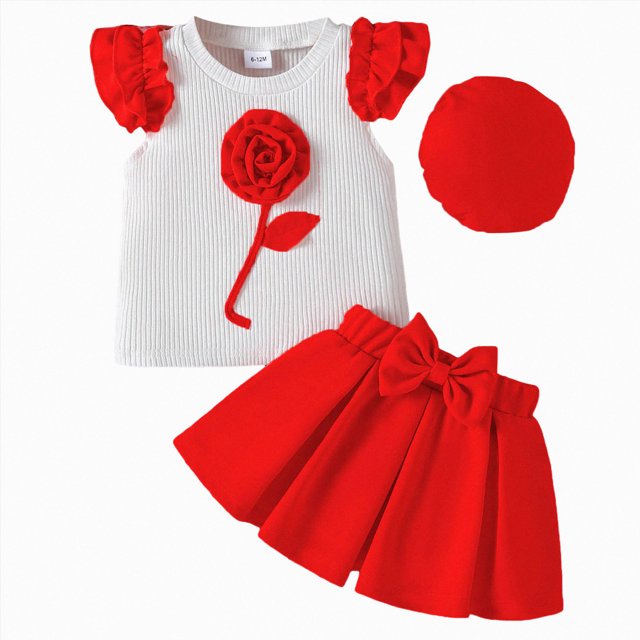 gdxvjhbj Ensembles Jupe pour Tout-Petits pour Filles Enfants Ensemble Jupe pour Filles Été Robe Tutu à Manches Courtes pour Tout-Petits 2 Pcs Tenues de Fête 3T 4T (Rouge, 3-4 Ans)