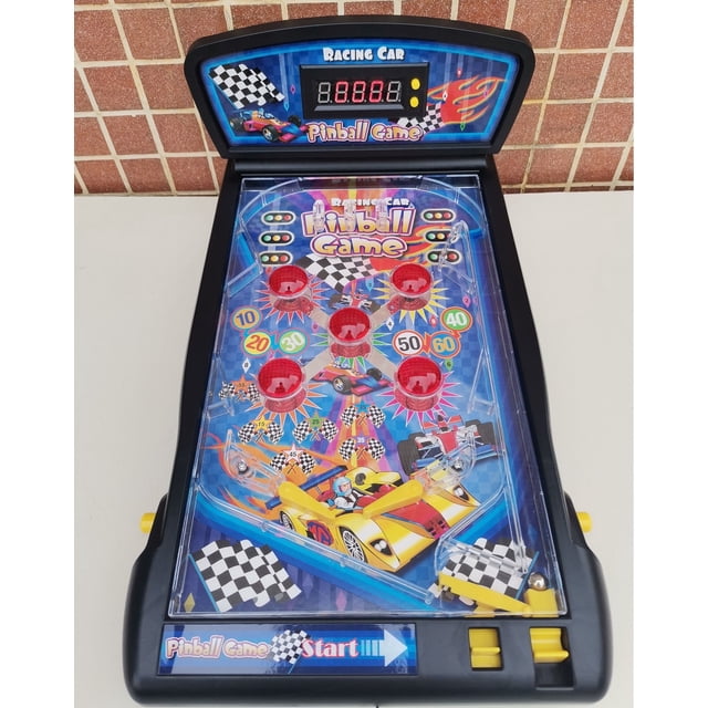 Trisquirrel Pinball Machine with LED Scoreboard, an electronic tabletop game featuring a racing car theme with vibrant graphics, dual flippers, and five target buttons. The compact design includes a 5-digit LED scoreboard, built-in lights, and sound effects for an immersive arcade experience. Made from durable ABS plastic and metal, it measures 16.5 x 10 x 7.1 inches and is suitable for ages 8 and up. The game is battery-operated and requires 3 AA batteries (not included).