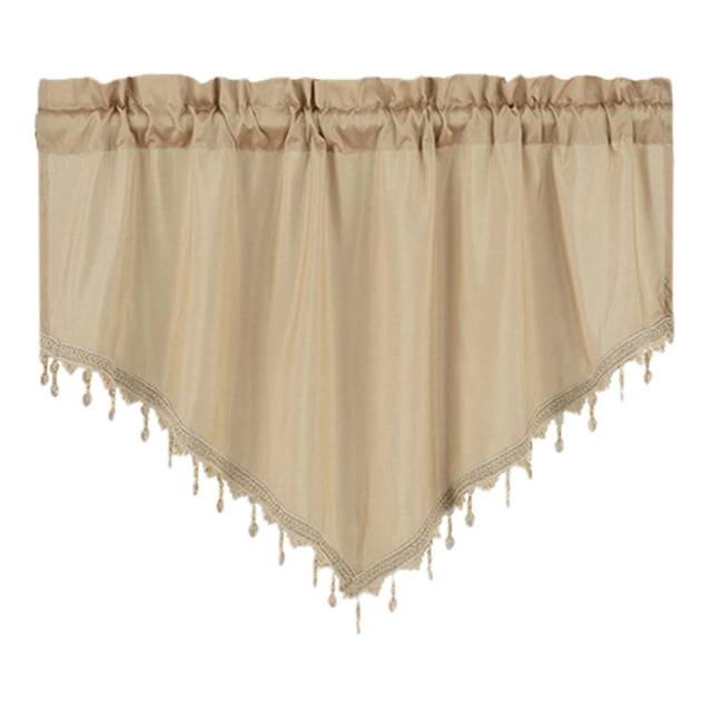 EGNMCR Room Decor short curtains in a solid beige color with a unique triangular shape and decorative tassels along the edges. Made from polyester, these curtains measure 130x60 cm (51.18x23.62 in) and are designed for through rod installation, making them suitable for kitchens, bedrooms, or living rooms. Lightweight at 125g (0.27 lb), they add a touch of elegance and modern style to any space.