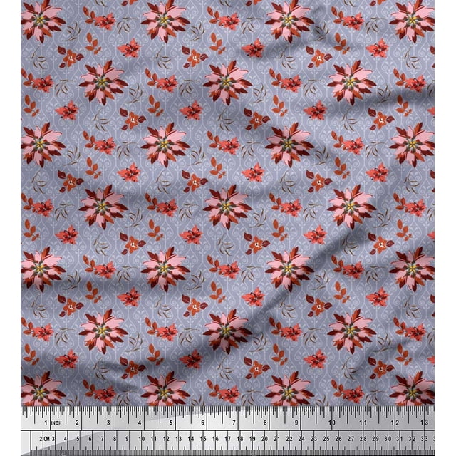 Soimoi polyester Crepe Fabric Damask Design,Leaves & Aster Floral Print Fabric by Yard 52 Inch Wide