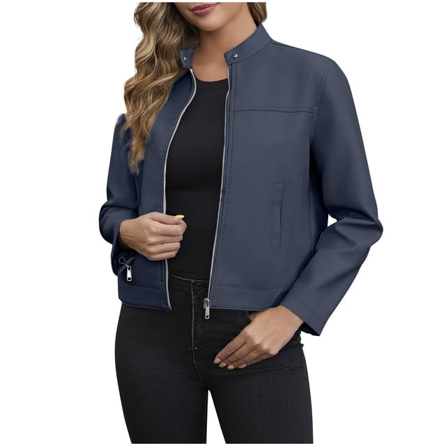 Dark Royal Blue Womens Collared Neck Faux Leather Button Up Zip Up Jackets Coat for Ladies Long Sleeve Hooded Motorcycle Basic Fall Winter Jacket 2025 Clothes Y2K S