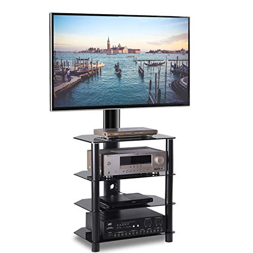 4-Tiers Media Component TV Stand with Swivel Mount Audio Shelf and Height Adjustable Bracket, Black Floor TV Stand for 32-70 Inch LCD LED OLED Flat/Curved Screen TVs