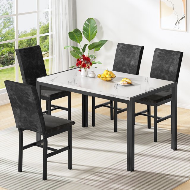 Stmoze 5 Piece Dining Table Set, Modern Faux Marble Tabletop and 4 Velvet Upholstered Chairs, Rectangle Kitchen Table and Chairs for 4 Persons, Small Dining Set for Bar Dining Room Breakfast, White