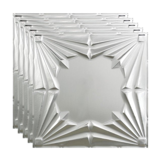Fasade Art Deco Vinyl 2ft x 2ft Lay In Ceiling Panel Brushed Aluminum 5 Pack