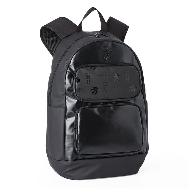 NBA Toronto Raptors Backpack in black with a front graphic print of the Raptors logo and name, zippered main compartment, two front patch pockets, adjustable shoulder straps, and a top handle, ideal for school or game day carry-on use.