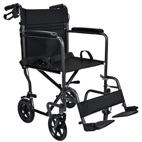 Fauteuil Roulant de Transport Pliable avec Freins à Main Doubles, Fauteuil Roulant Léger à Siège Grand de 19 Pouces avec Roues Arrière de 8 Pouces, Supporte jusqu'à 220 Lb