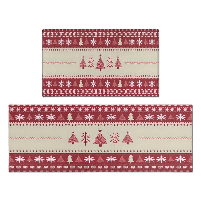 Christmas Kitchen Rug Set of 2 Anti Fatigue Kitchen Mats for Floor,Red Christmas Tree Winter Snowflake Kitchen Runner for Bathroom,Room Bath (47x17+30x17in)
