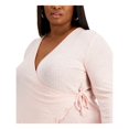 thumbnail image 3 of REBELLIOUS ONE Womens Pink Stretch Tie Ribbed Scalloped Long Sleeve Surplice Neckline Wrap Sweater Plus 3X, 3 of 3