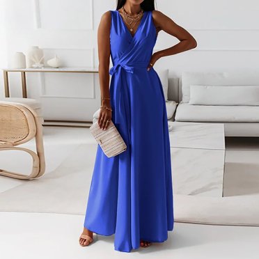 EGNMCR Holiday Dresses for Women Fashion Women Summer Casual Solid V-Neck Sleeveless Vest Long Dress