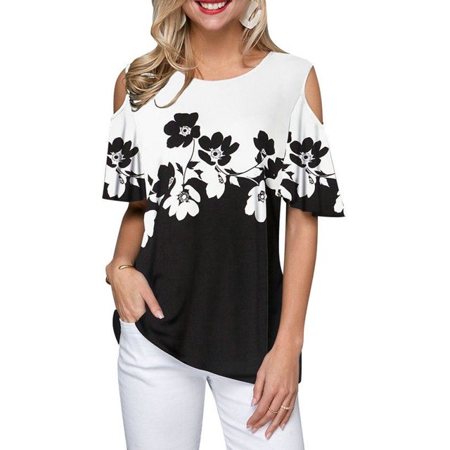 DYMADE Women Round Neck Off Shoulder Short Sleeve Floral Casual Top