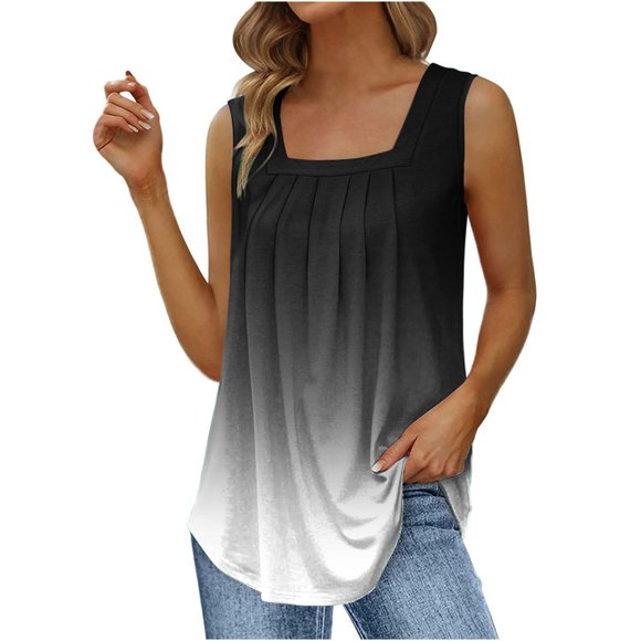 Western Tops for Women Fashion Solid Color Square-neck Comfortable Loose T-shirt Sleeveless Blouse Casual Tops Womens Tops Dressy Casual on Clearance