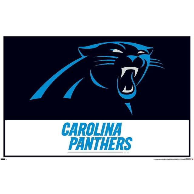 NFL Carolina Panthers - Logo 21 Wall Poster, 22.375" x 34" featuring a centered roaring panther head logo in blue and black on a dark background above blue Carolina Panthers text on white, printed on glossy poster paper for bold wall art decor suitable for bedrooms, offices, or dorms.