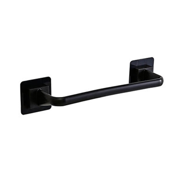 Lefu Self-Adhesive Towel Rod Storage Rack in black, featuring a modern and elegant design. This stick-on wall bath towel holder is made of durable ABS+PP material, measuring approximately 7x7x30.5 cm. Ideal for bathrooms and kitchens, it requires no drilling and adheres to smooth surfaces like tiles, metal, or glass. The rack is anti-corrosion, anti-rust, and resistant to daily scratches.