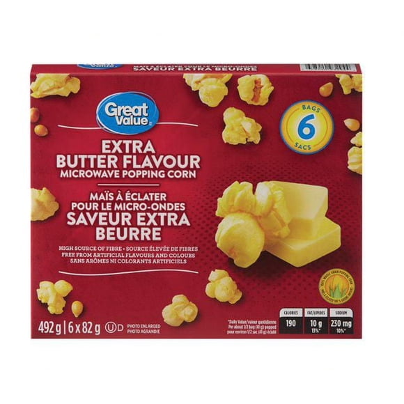 Great Value Extra Butter Microwave Popping Corn, pack of 6