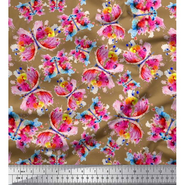 Soimoi Brown polyester Crepe Fabric Insect Watercolor Printed Craft Fabric by The Yard 52 Inch Wide