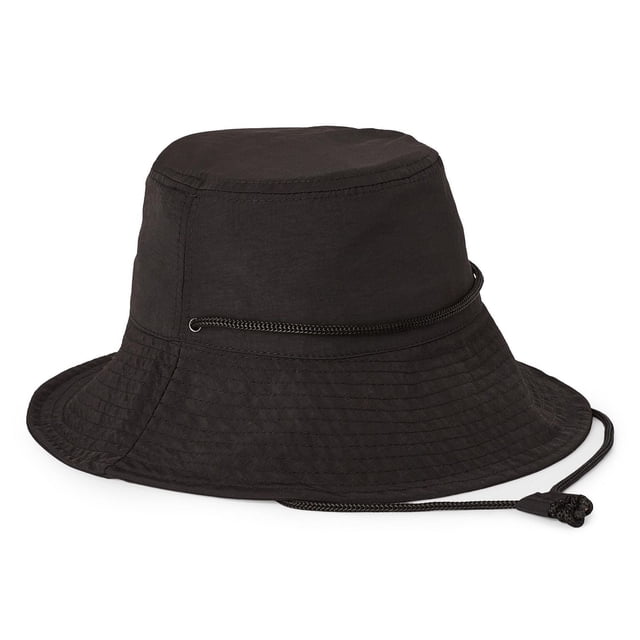 Time and Tru Women's Bucket Hat in black nylon with a wide brim, flat crown, and adjustable drawcord for a custom fit, shown in a centered side view on a white background. Suitable for sun protection during outdoor activities.
