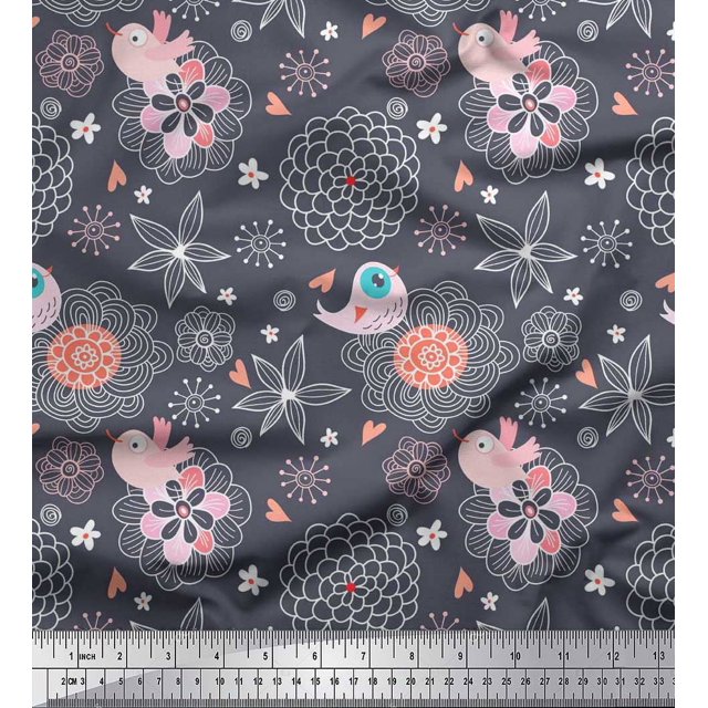 Soimoi Poly Georgette Fabric Heart,Floral & Bird Kids Printed Fabric 1 Yard 42 Inch Wide